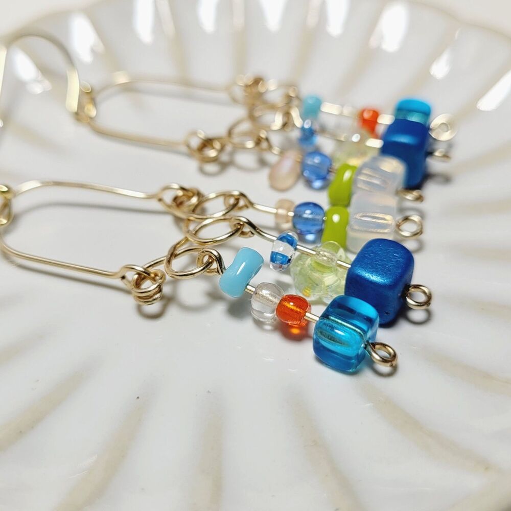 Blue Glass Gold plated Hooks Hidden Meaning earrings Pop of Color Fortune  668■